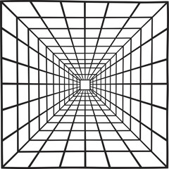 Vanishing point perspective grid vector, black wireframe tunnel with 3D geometric square room effect © Sume