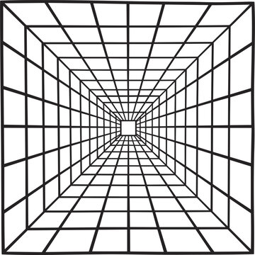 Vanishing point perspective grid vector, black wireframe tunnel with 3D geometric square room effect