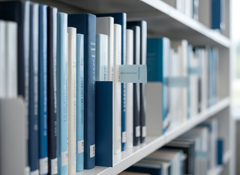 Closeup of a bookshelf with organized blue and white books in a library
