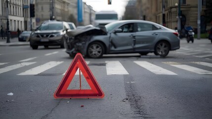 Fototapeta premium A silver sedan with significant front-end damage sits in a city intersection behind a red reflective emergency warning triangle on the asphalt.