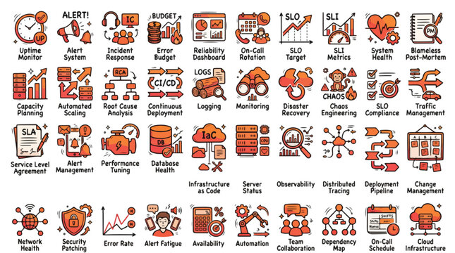 Site Reliability Engineering Icon Set in Hand-drawn Style. A collection of SRE Linear Icons, including monitoring, scaling, cloud, server, database, automation, security, network