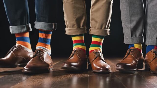 Men wearing colorful socks and brown shoes on a wooden floor