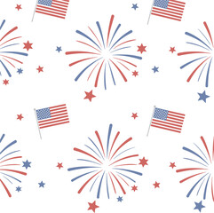 Obraz premium Patriotic seamless pattern vector, 4th of July background with American flags, fireworks, and stars