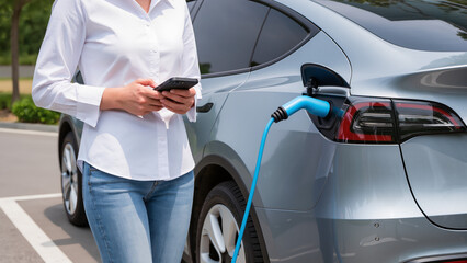 A woman stands near the vehicle, She is holding a smartphone, Modern technology meets sustainable transport, A clean energy vehicle in the city, Smart solutions for everyday transport, ev car changing © Jakub
