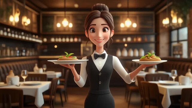 Cheerful animated waitress serving plated meal in cozy restaurant.