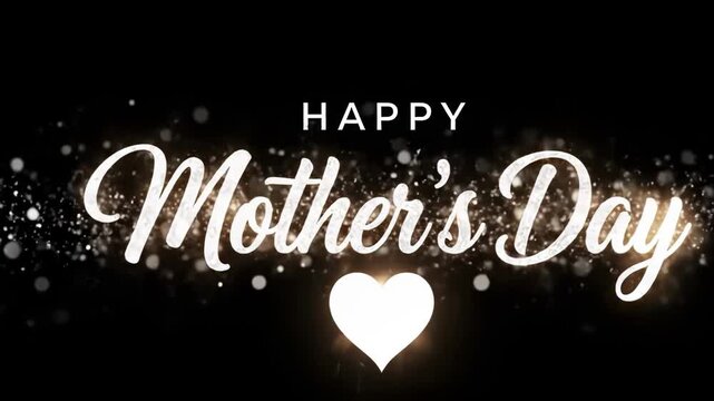 Glowing happy mothers day text with a heart on a black background
