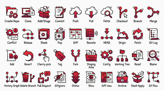 Git version control icon set in hand-drawn doodle style. A collection of software linear icons including branch, merge, commit, push, pull, fork, stash, rebase, fetch, diff