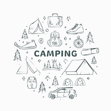 Camping elements set outline sketch vector illustration