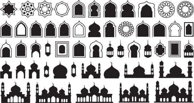 Islamic architecture and design elements including mosque silhouettes and ornate patterns