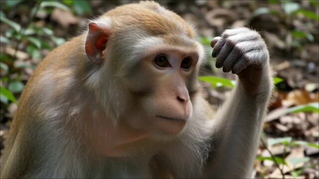 Monkey scratching its head in forest close up