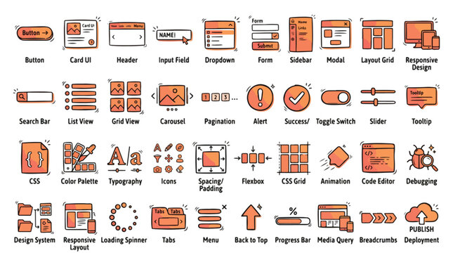 Web Design and Development UI Icon Set in Hand-Drawn Doodle Style. A collection of Web UI Linear Icons including button, form, grid, code editor, sidebar, tabs, and more. Vector graphic.