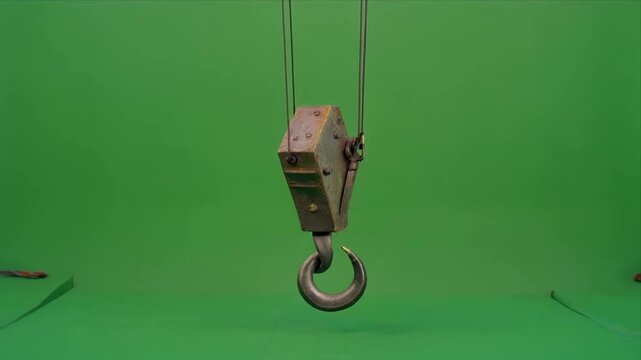 Closeup industrial crane hook descending on green background.