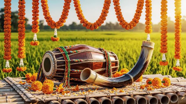 Vibrant assamese dhol and pepa with marigolds on bamboo, celebrating rongali bihu in a sunny rice field.