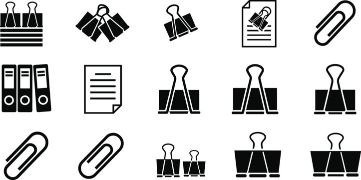 Office supplies icon set, binder clip symbols, paper clip illustration, file folder graphic, stationery design collection, organizational tools silhouette