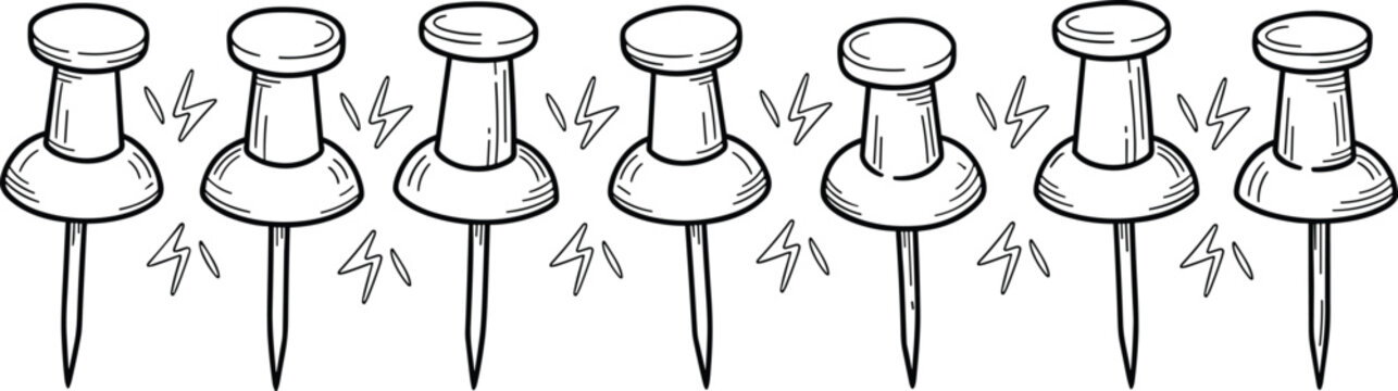 Push pin icons set, office supply symbols, bulletin board illustration, stationery design graphic, pin tool silhouette collection