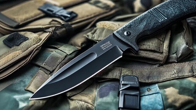 A knife is placed on tactical gear showing its grip and blade design in a military environment