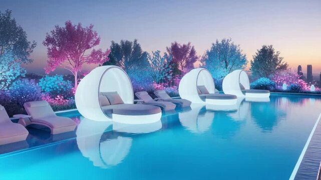 Modern poolside lounge with illuminated sunbeds and landscaping at dusk