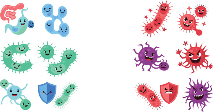 Cartoon bacteria and virus characters with immune system defense, cute microbes and germs flat vector illustration collection for healthcare and education design