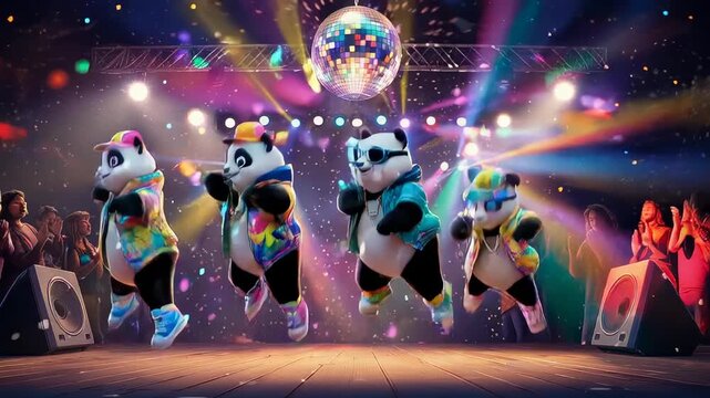 Pandas Dancing on Stage with Disco Ball.