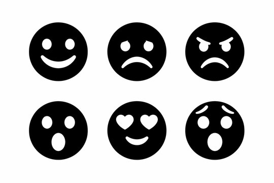 Set of six black emoji icons showing different facial expressions