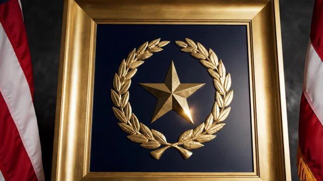 A goldframed emblem with a star and laurel wreath between two american flags