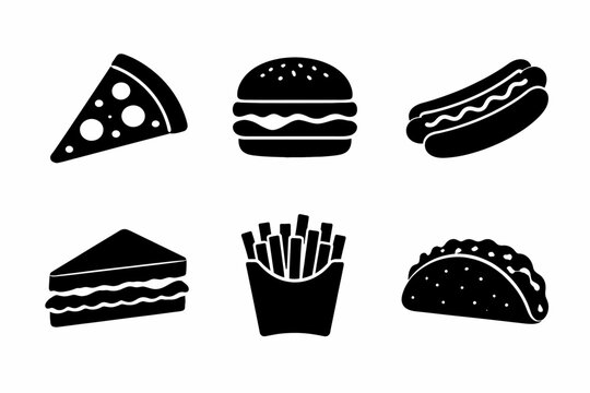 Silhouette icons of fast food: pizza, burger, hot dog, sandwich, fries, taco