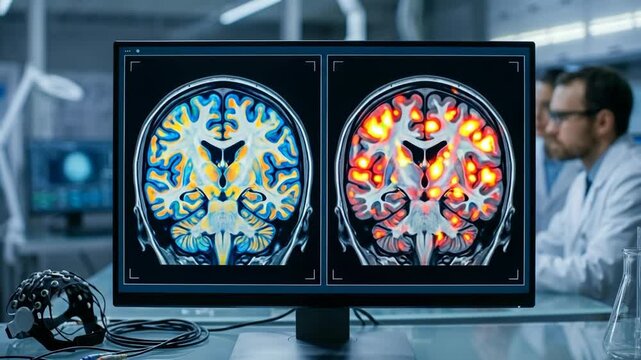 Side by side functional mri brain scans showing neural activity on monitor in modern neuroscience lab