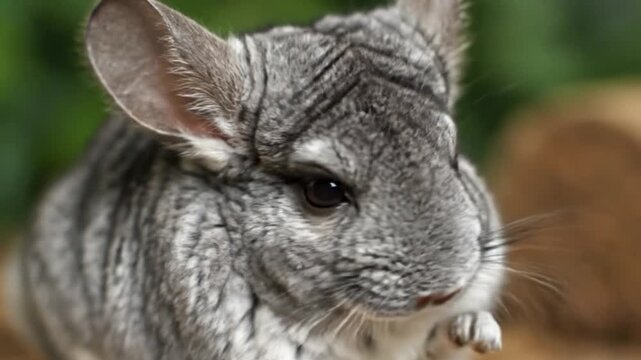 Close-up portrait of a cute grey chinchilla with soft fur