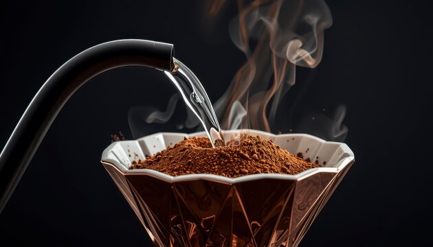 Close-up of hot water pouring from a gooseneck kettle into coffee grounds in a luxury geometric bronze dripper with rising steam on a dark background.