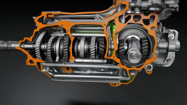 Cutaway animation of automotive gearbox internals rotating.