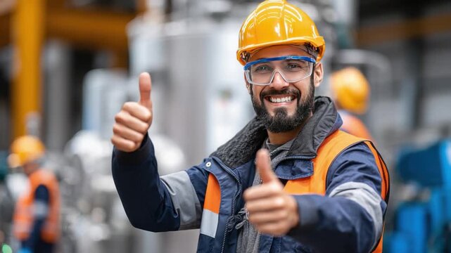 Smiling Engineer: A confident engineer, equipped with a safety helmet and goggles, offers a cheerful thumbs-up, embodying expertise and reliability within a modern industrial setting. 