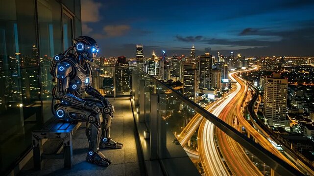 Futuristic humanoid robot sitting on a balcony bench overlooking a glowing metropolitan city skyline at night