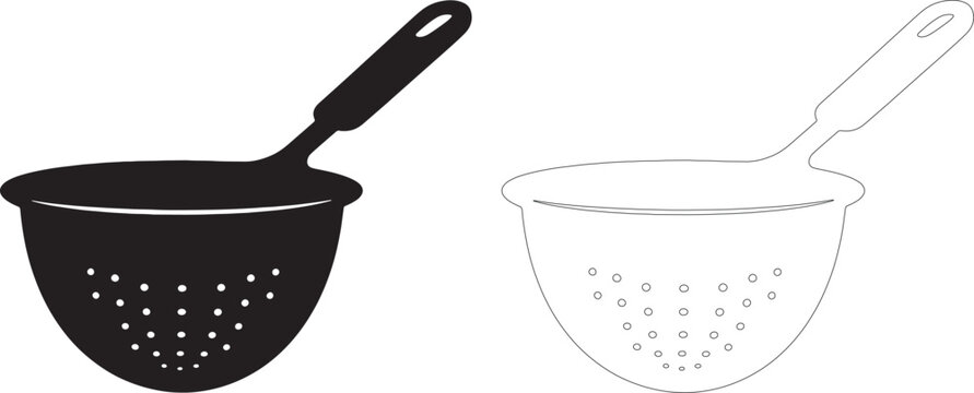 Black silhouette and outline of colander with handle