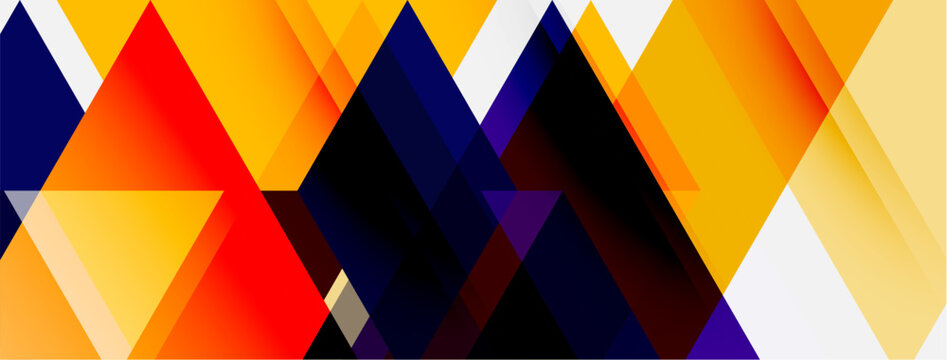 Abstract geometric composition. Triangles, parallelograms overlap creating vibrant color gradients. Modern design, bold shapes dominate.