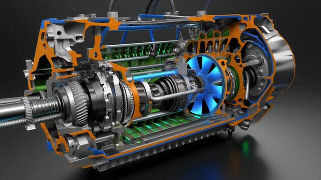 Cutaway automotive transmission gears rotating with illuminated turbine.