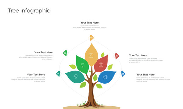 tree infographic template with 5 options for business data visualization