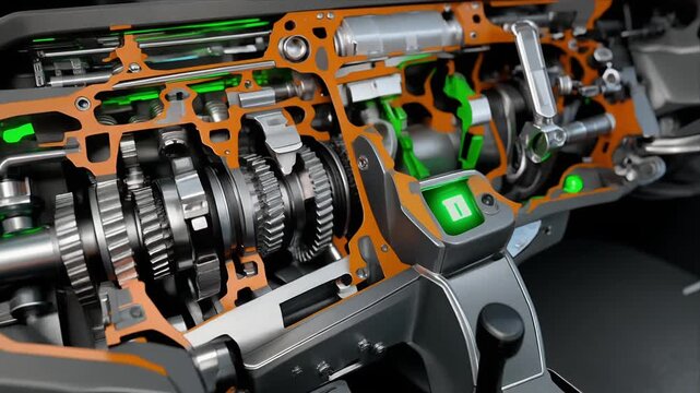 Cutaway automotive transmission with exposed helical gears.