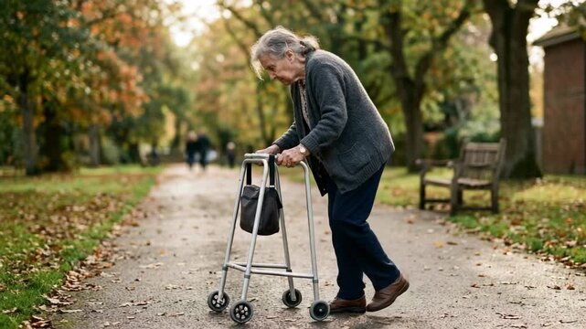Senior woman using a walker to walk along a park path surrounded by autumn trees and fallen leaves