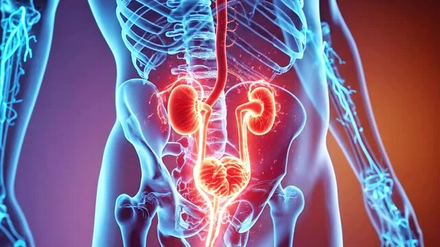 A medical video illustration of the human urinary system in detail