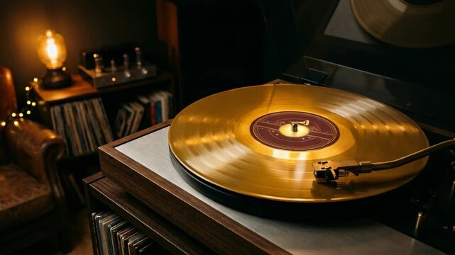 Luxurious golden vinyl record spinning on a vintage wooden turntable in a cozy warm interior room