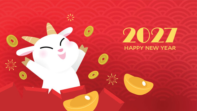 Cute zodiac goat with red envelopes, gold sycee ingots and gold coins. Wishing wealth for chinese new year of the goat 2027, or lunar new year 2027.