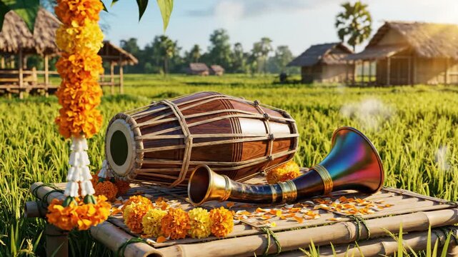 Vibrant illustration of bihu instruments and marigold garlands, celebrating rongali bihu in assam.