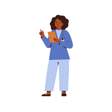 Young black female doctor in blue uniform explaining and pointing up with her finger. Healthcare worker talking and holding medical card. Flat vector illustration