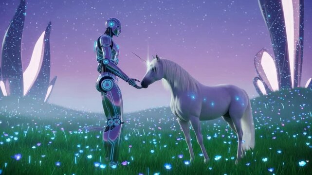 Robot and unicorn on illuminated landscape