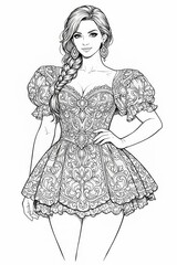 Fototapeta premium Detailed black and white line art of a confident young woman in an ornate short dress with puffed sleeves and braided hair, perfect for adult coloring pages or fashion design.