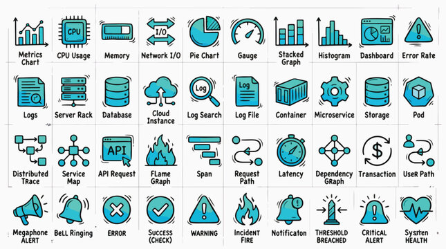Observability Monitoring Icon Set in Doodle Style. A collection of performance icons, including CPU, metrics, server, database, cloud, logs, API, latency, alerts, dashboard, pod