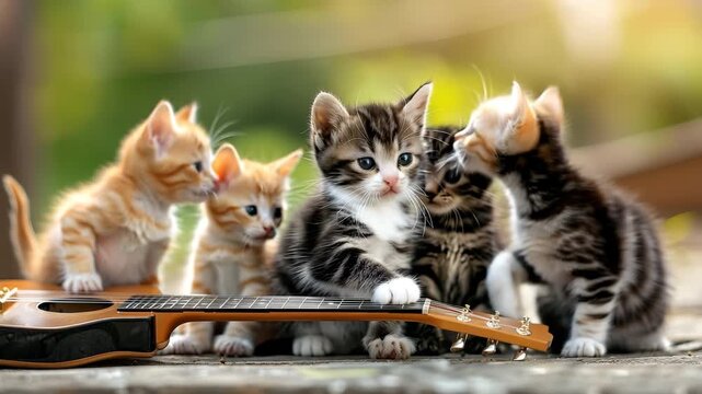 Cute Kittens Group Playing with Ukulele Instrument Outside