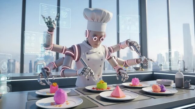 Robotic chef preparing plated desserts in modern kitchen