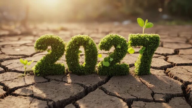 Sustainable New Year 2027 Concept with Green Numbers.