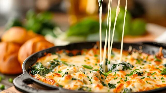 Cheesy Pull from Baked Spinach Artichoke Dip in Skillet, Delicious Hot Appetizer
